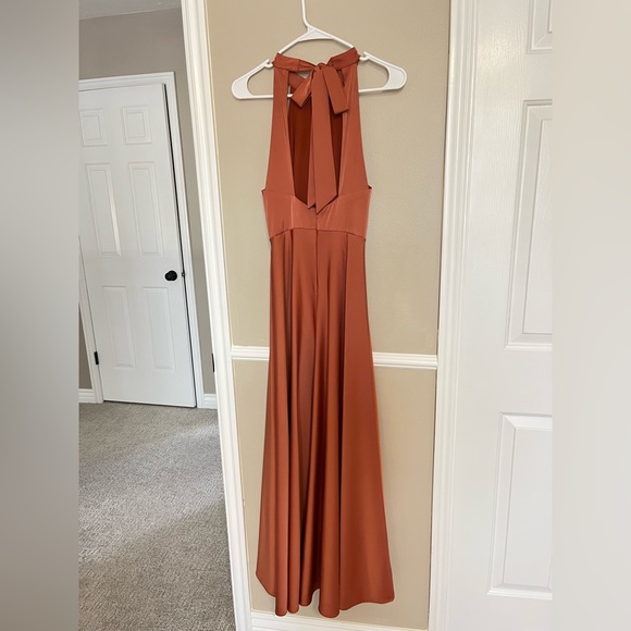 Lulus Elegant Entrance Terracotta Satin Tie-Back Maxi Dress - Picture 5 of 12